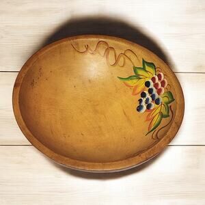 Vintage Wooden Tole Ware Fruit Bowl Wood Bowl Kitchen Decor 11" Hand Painted